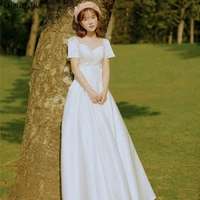 kaunissina luxury satin wedding dresses a line short sleeve white elegant bride wedding gowns floor length simple bridal dress