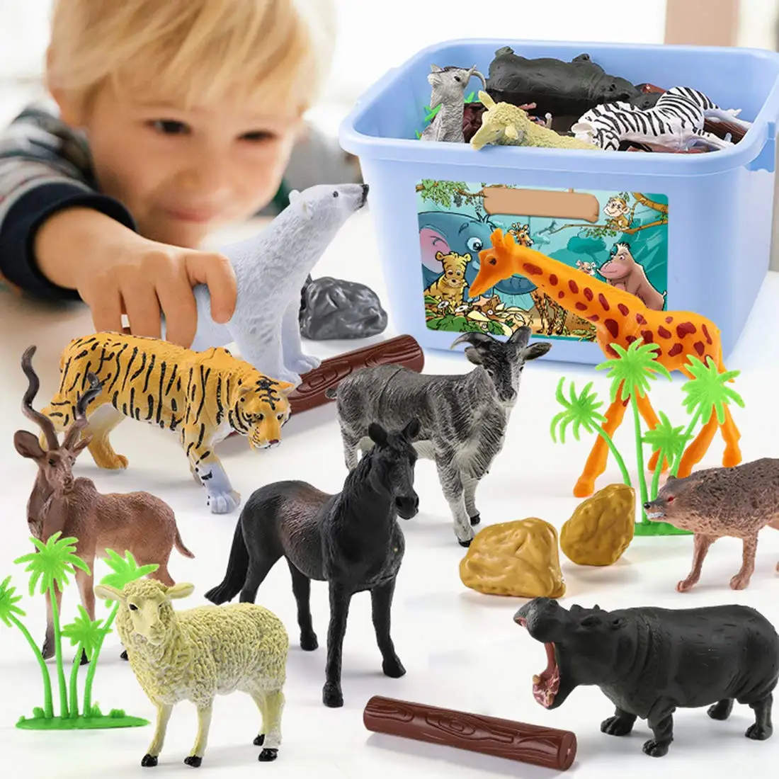 

58PCS/Set Mini Jungle Animals Toys Set Animal Figures,World Zoo, Forest Toy for Children with Strong Box Animal World