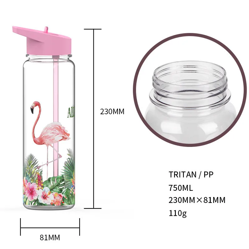 750ml/25oz 100% Тритан Спорт на открытом воздухе соломы бутылка для воды с фламинго и