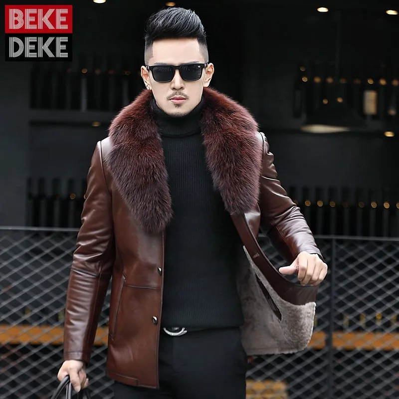 

Business Men Winter Fox Fur Collar Sheepskin Genuine Leather Jacket Warm Real Fur Wool Lining Overcoat Slim Fit Shearling Jacket