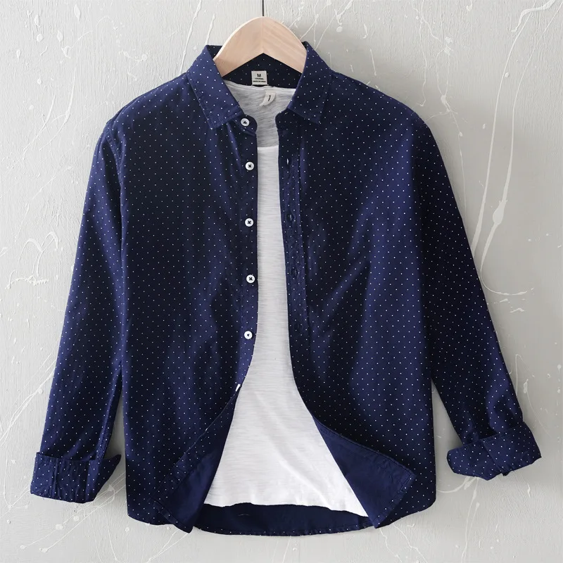 Мини 2020 Мужская рубашка с длинным рукавом в горошек белая небесно голубая