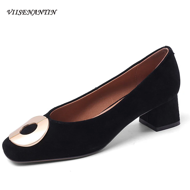 

Retro Dark Green High-heel Leather Casual Shoes Metal Buckle Fashion Square Toe Sheepskin Shallow Mouth Thick Heel Pumps Women