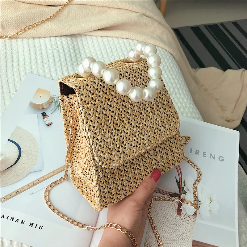 Straw Bags For Women 2020 Female Summer Handmade Woven Shoulder Small Pearl Handle Ladies Hand Travel Purse Beach | Багаж и сумки