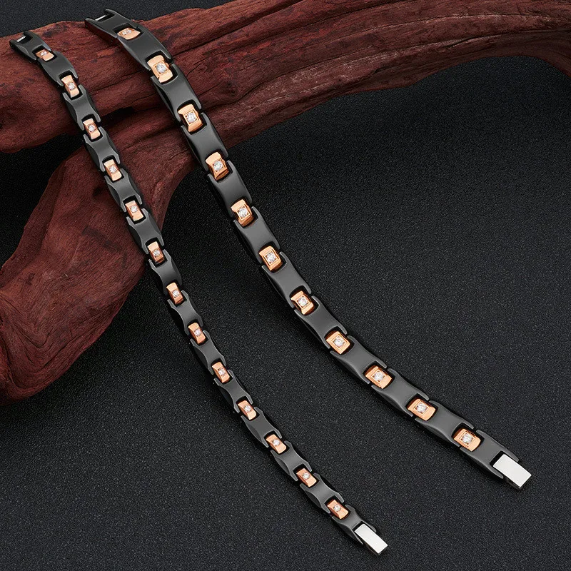 

NHGBFT Rose gold Black Ceramic Bracelets For Women Mens Stainless steel Health Magnetic Energy Stone Bracelet couple jewelry