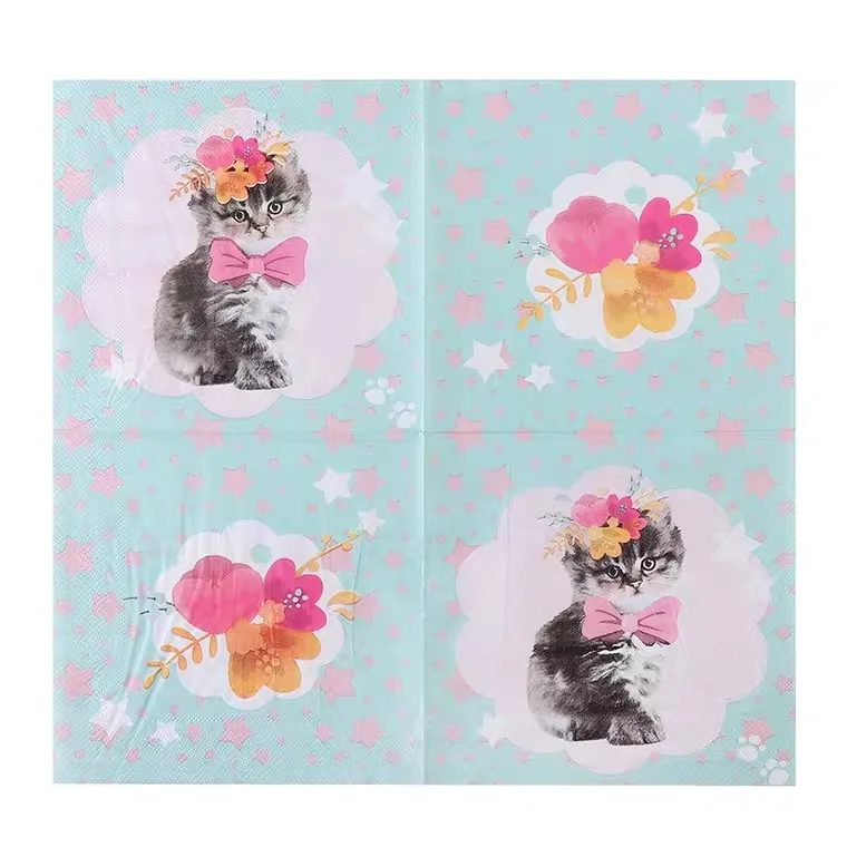 

10pcs 33*33cm Cat Flower bow theme paper napkins serviettes decoupage decorated for wedding party virgin wood tissues