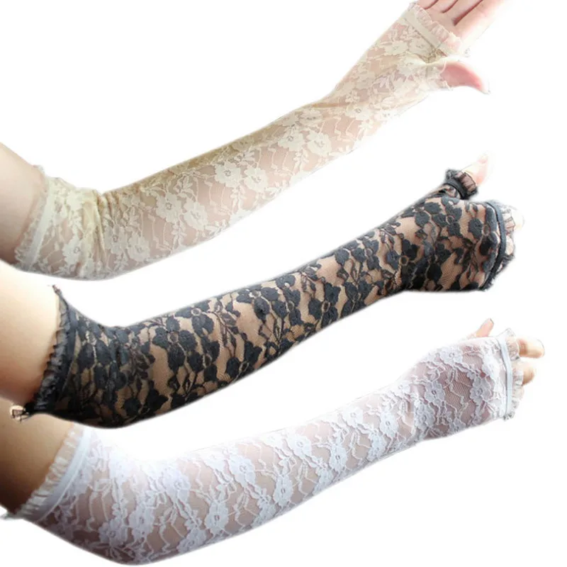 

2021Disney Long Lace Hollow-Out Fingerless Gloves Skid Resistance Pattern Lace Fingerless Gloves Sun Protection Accessories