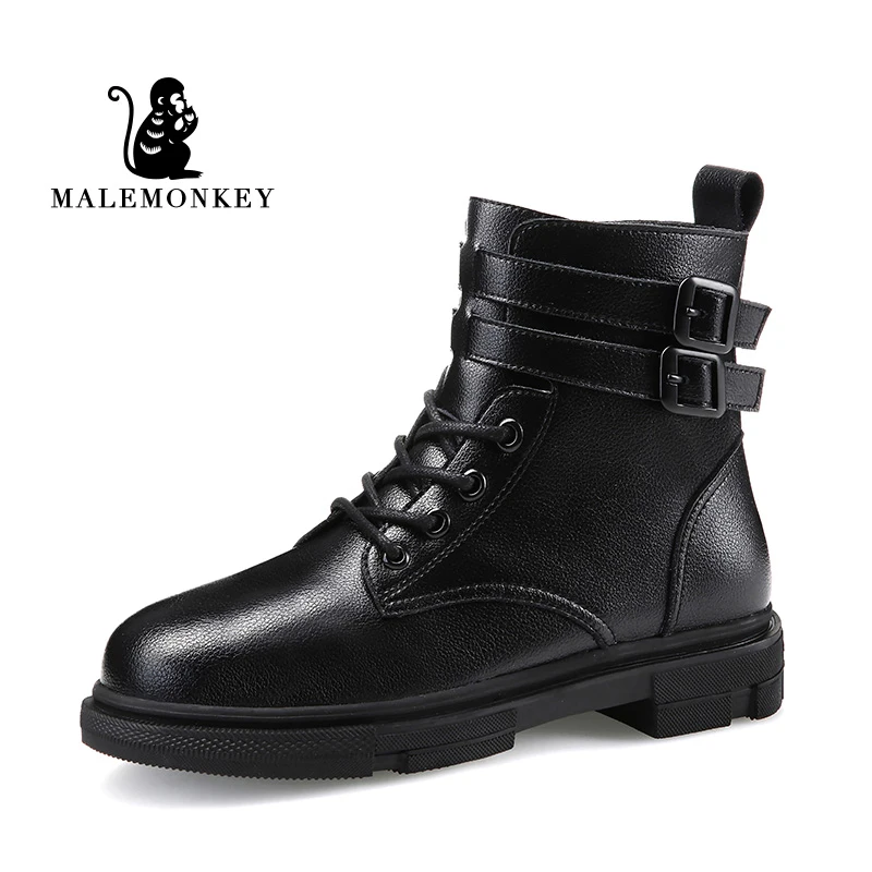 Зимние женские ботильоны Классическая Кожаная Обувь На Шнуровке черные ботинки