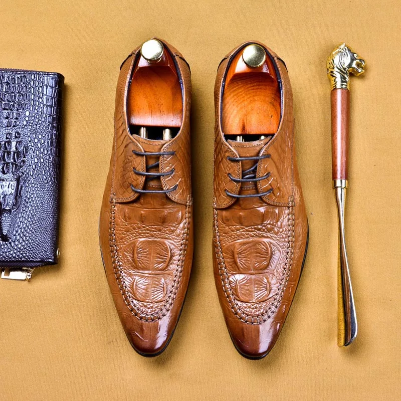 Туфли мужские классические большого размера крокодиловый узор на шнуровке