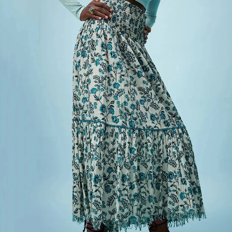 

Medieval Retro Women Floral Pleated Skirt High Waist A-line Skirt Female 2021 Fashion Bottoms Temperament Midi High Waist Skirt