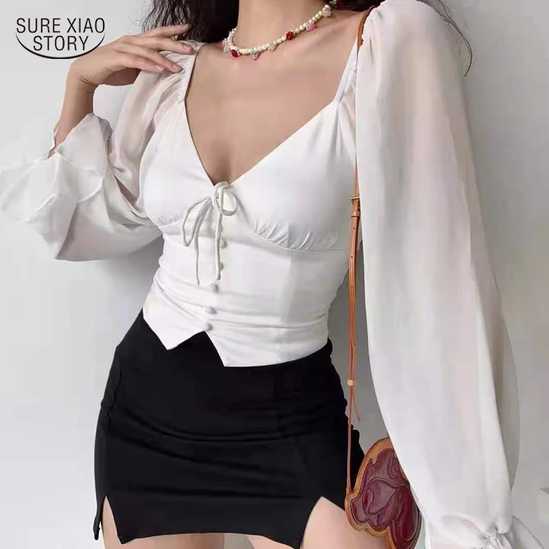 

2022 Splicing Big Lantern Sleeve Blouse Women's Sexy V-neck Chiffon Shirts Women Thin Long-sleeved Blouses Chemisier Femme 15603