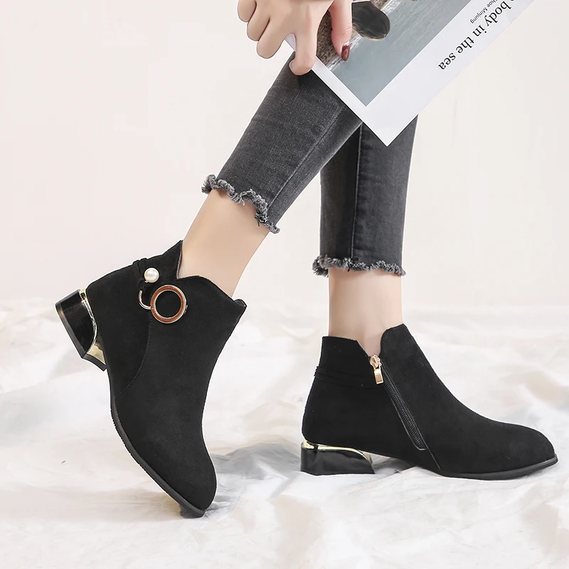 

New Size 44 Women Shoes Suede Round Toe Zip Ankle Boots Pearl Metal Decoration Velvet Warm Square Heel Boots Women White Boots