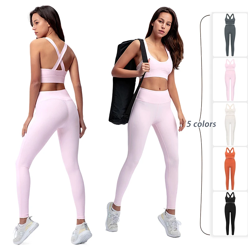 

Woman Clothes Gym Yoga Set Two Pieces Ribbed Sports Bra Crop Top+Leggings Suit Sportswear Workout Tracksuit Female Active Wear