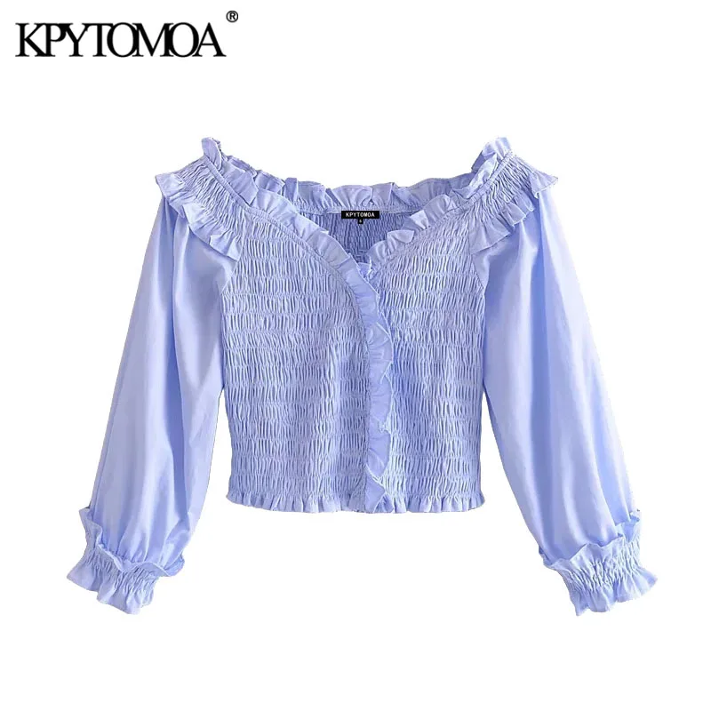 

KPYTOMOA Women 2021 Sweet Fashion Ruffled Smocked Elastic Cropped Blouses Vintage Three Quarter Sleeve Female Shirts Chic Tops