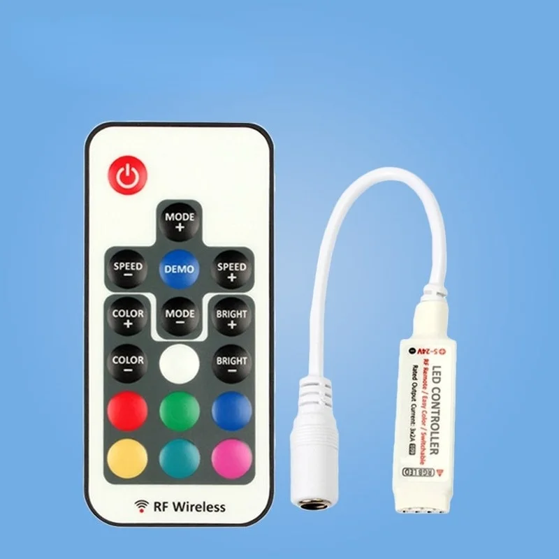 

DC 5V-24V 12A 17key Mini RF Wireless Led RGB Remote Controller with 4pin Female DC for 5050 RGB LED Strip Lights