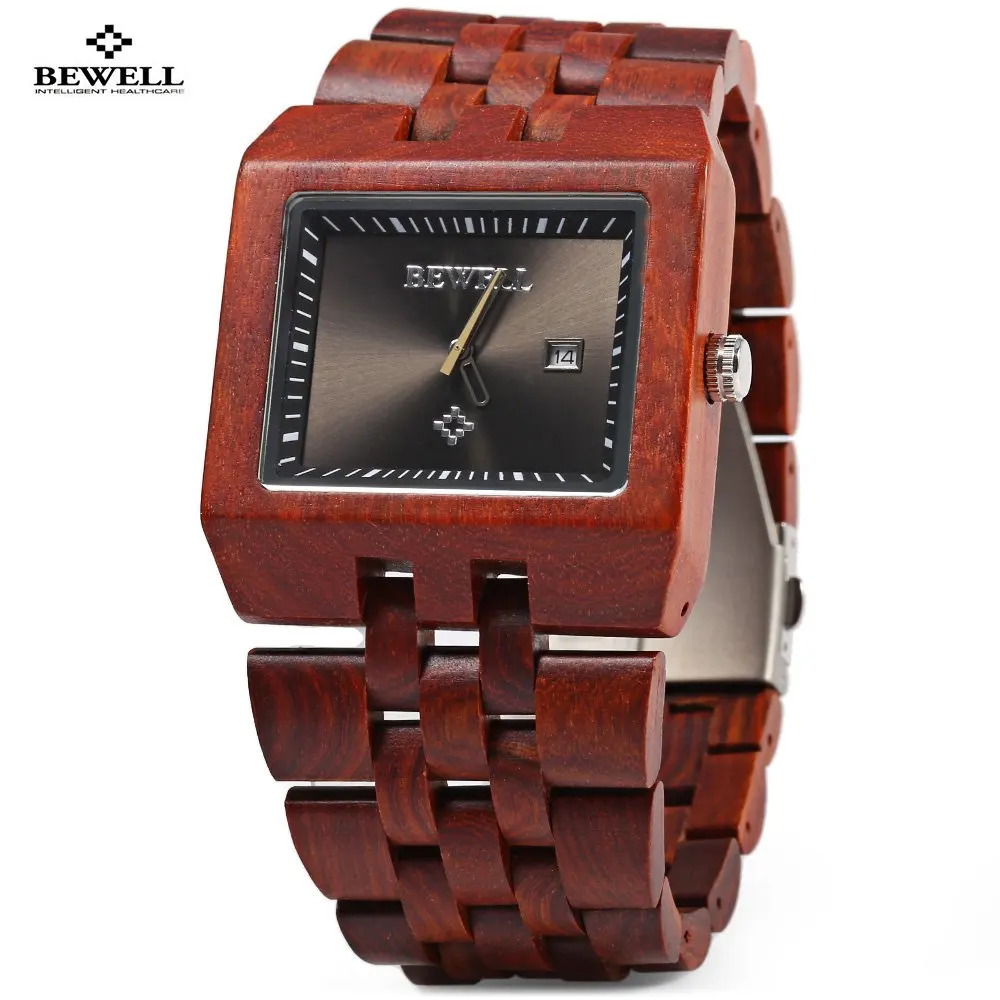 Bewell Fashion Quartz Watch Men Wood Watches,  Water Resistant Calendar Analog Wrist Watch, Male Casual Watches