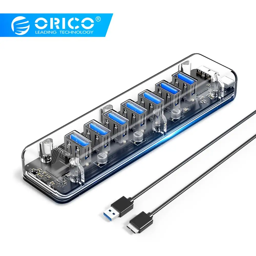 ORICO Прозрачный USB 3,0 концентратор с двойным портом питания 7 портов высокоскоростной портативный USB3.0 сплиттер OTG адаптер для настольного ПК