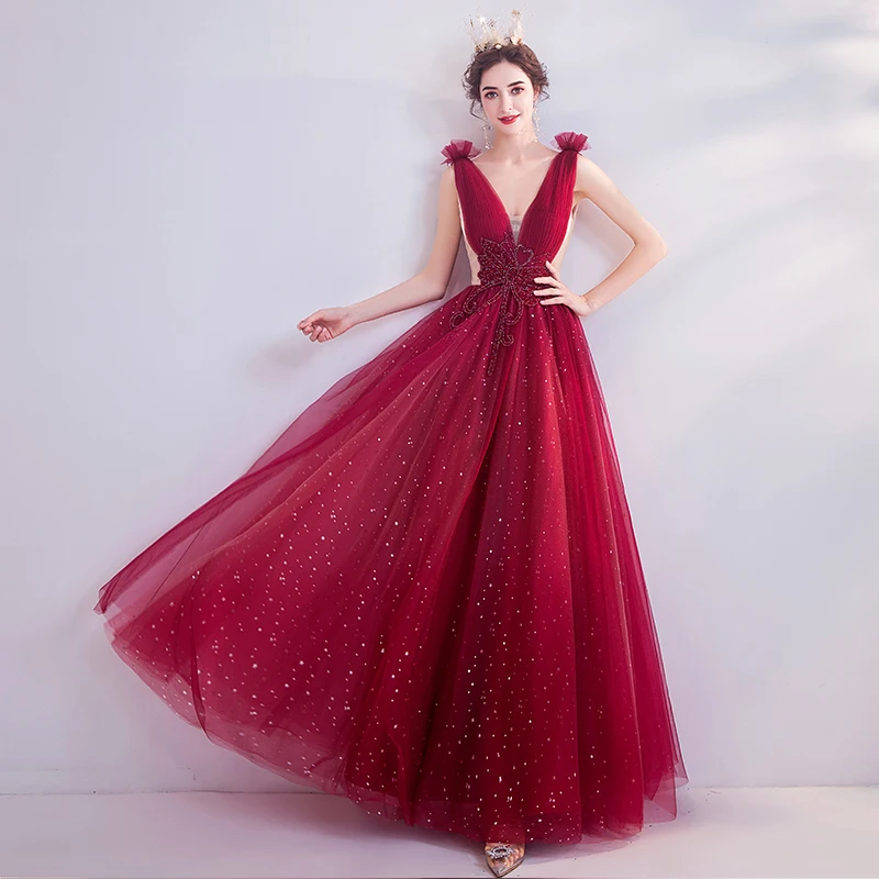 2020 New Fashion Wine Red A-line V-neck Tulle Crystal Beaded Vintage Elegant Evening Dresses Bride Banquet Party Prom Dress ND29 | Свадьбы и