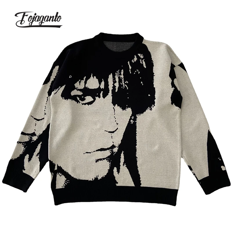

Модный мужской свитер FOJAGANTO в стиле ретро с круглым вырезом, свитер в японском уличном портрете, Молодежный Свободный Повседневный черный и белый свитер для мужчин