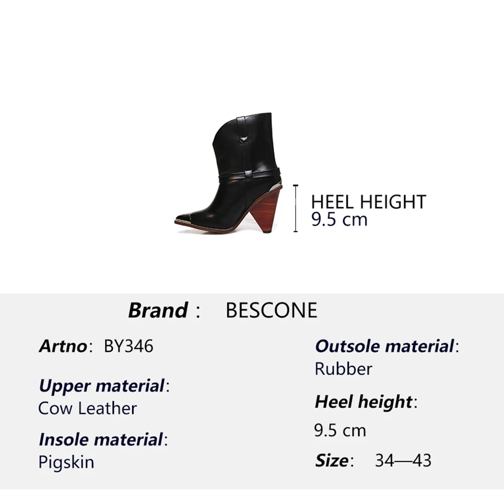 

BESCONE Fashion Ladies Mid-Calf Boots Women Handmade Genuine Leather Slip-On Spike Heel Shoes New Metal Pointed Toe Boots BM346