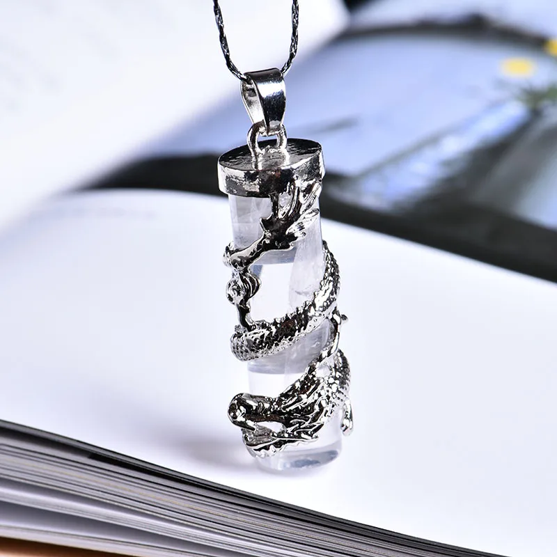 Clear Quartz 1 шт. натуральный кристалл минеральные ювелирные изделия дракон кулон в форме колонны guardian Мода Пара кулон ожерелье DIY подарок орнамент - Цвет: Clear Quartz