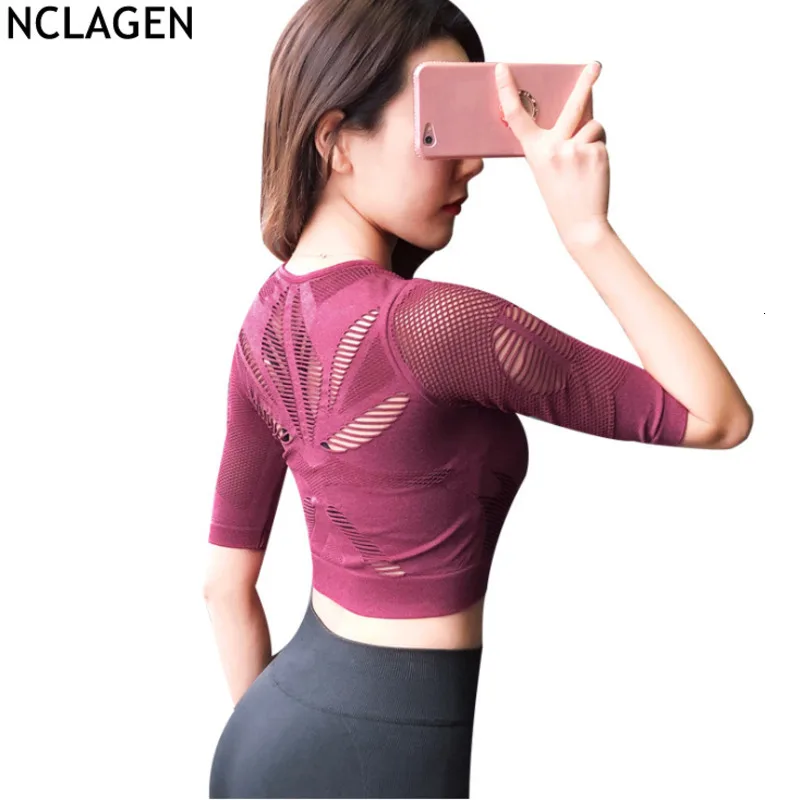 NCLAGEN Женская футболка для йоги с коротким рукавом серая тренажерного зала