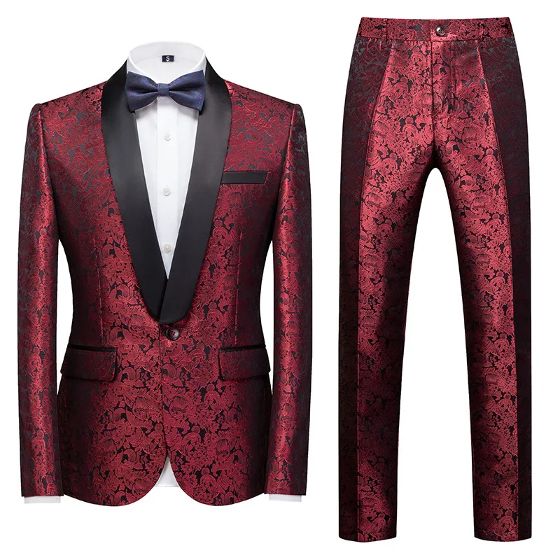 

2021 Men's Dark Flower Color Matching Casual Suit Fashion Youth Jacquard Suit Groom Wedding Suit Two Pieces