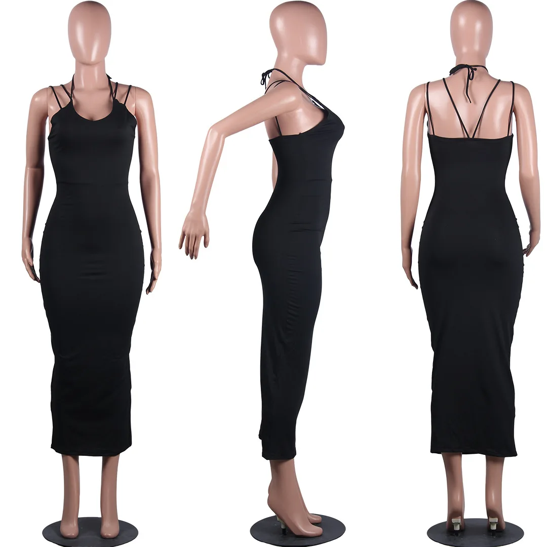 

Solid Color Strap Sexy Tight Bag Hip Dress Backless Summer New European and American Women Outfits