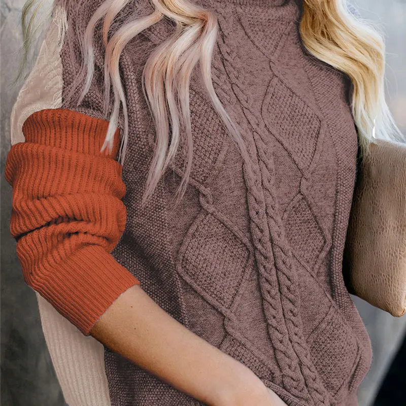 Женский Асимметричный вязаный свитер в стиле пэчворк водолазка с длинным