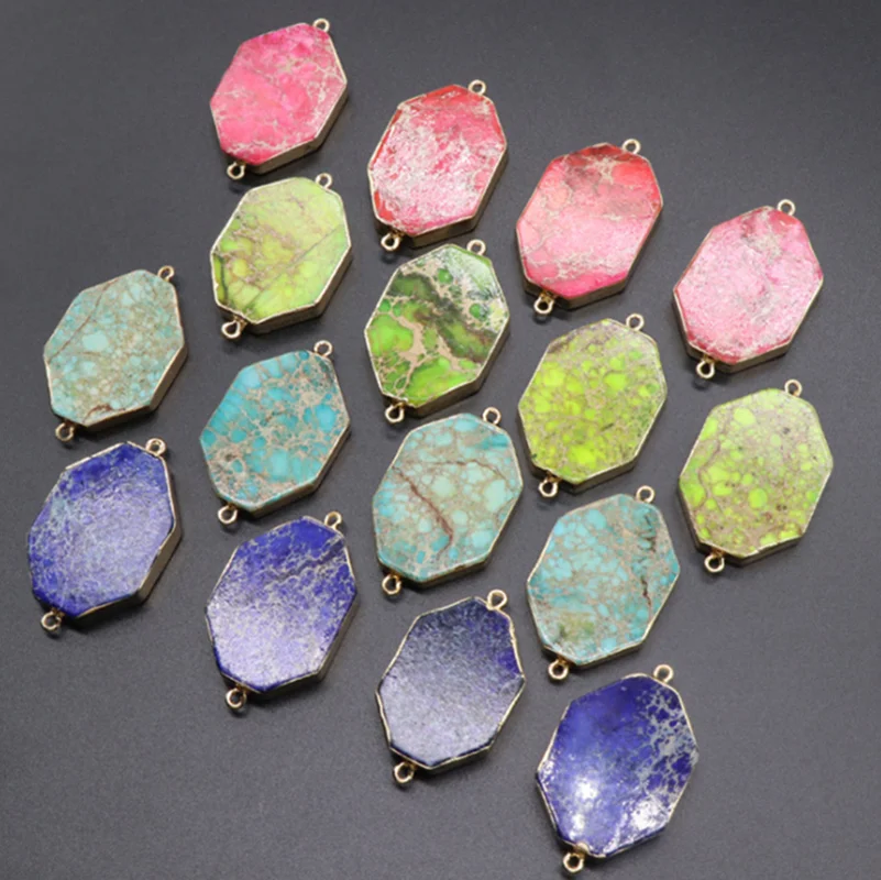 

2pcs/lot Natural Stone Charms Pendant Imperial stone octagon color double hole Pendant For DIY Jewelry Accessories