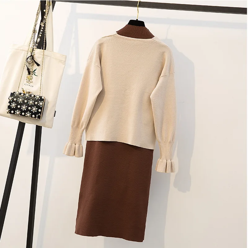 Plus Size good quality Autumn Women's Sweater + Straped Dress Sets Female Casual Two-Piece Suits Loose Knit Mini Dresses | Женская