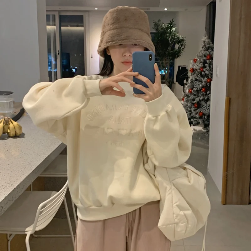 Корейские толстовки с вышитыми буквами свитшоты повседневные винтажные