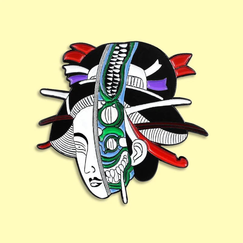 Японская эмалированная брошь гейши значок с ужасным цветком и лицом джинсовая