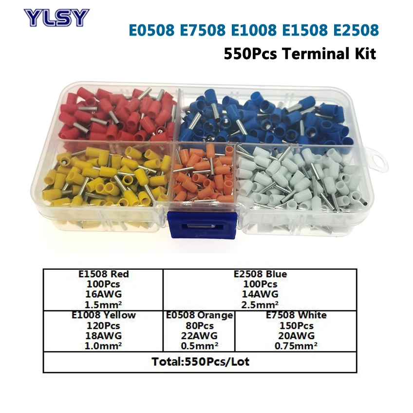 

550Pcs E0508~E2508 Tube Insutated Crimp Terminal Kit Cord End Electric Wire Cable Connector Ferrules 0.5-2.5mm2 22-14AWG