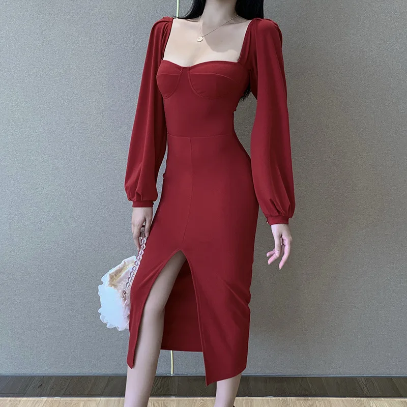

Ladies Halter Long-Sleeved Mid-Calf Female Long Skirt With Slit Hem Square Collar Spring And Autumn Party Sexy Ruffled Dress