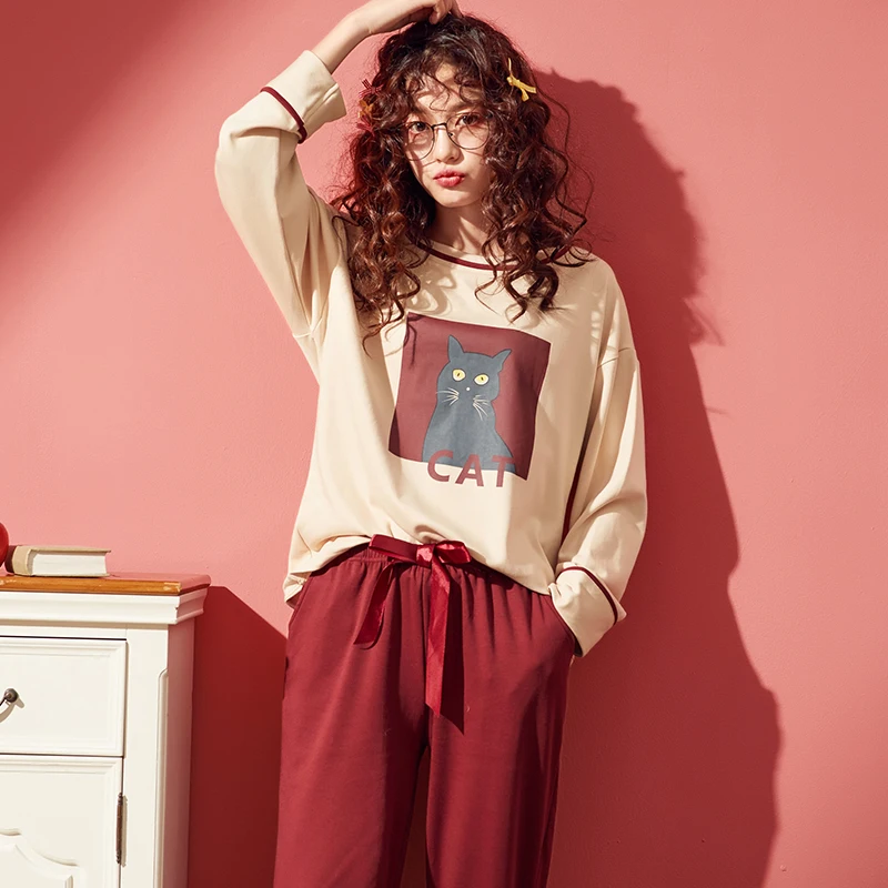 

100% Cotton Long Sleeved Cartoon Cat Pirnt Pajamas Women's Pajamas Sets Girls Sleepwear Nightgowns Lounge Women Fashion Clothing