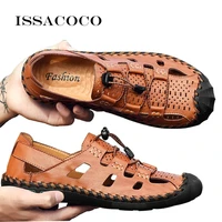 issacoco summer men casual genuine leather beach shoes sandals clogs swedish man autoclave for tunic luxury sandals for men 2021