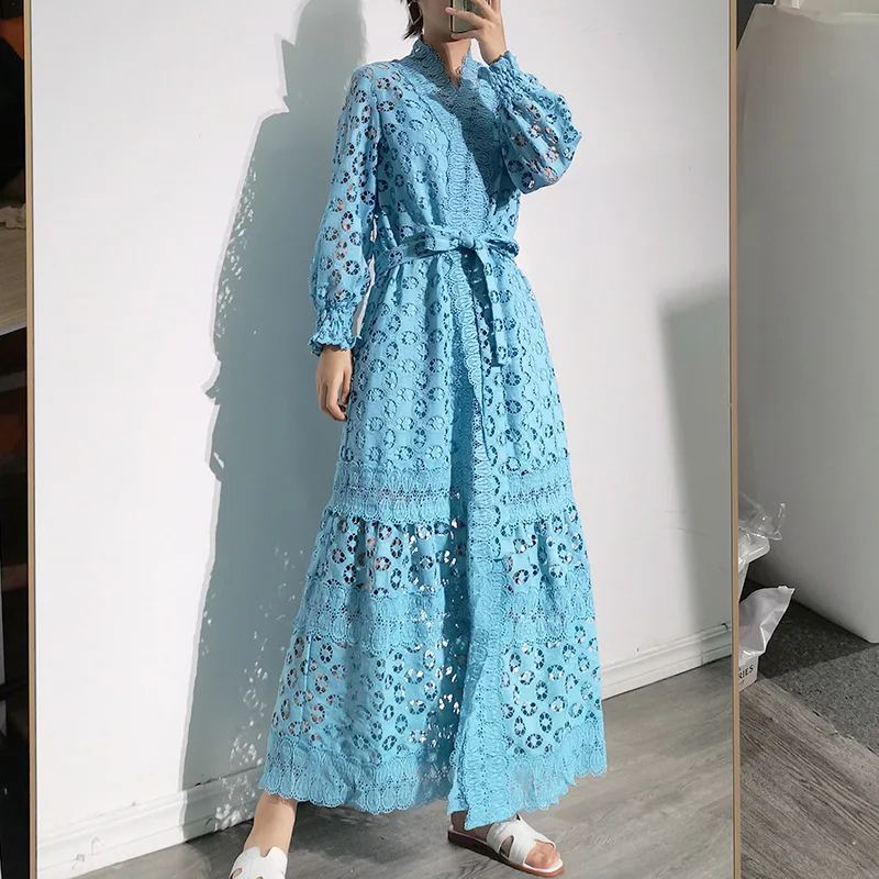 

Summer 2021 Xindu Casual Hollow-out Solid Color Dress V-neck Lantern Sleeve High Waist Slimming Lace-up Women's Dress
