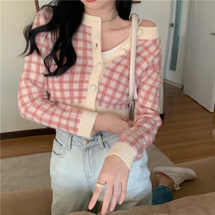 

Женский короткий свитер в клетку, облегающие кардиганы в Корейском стиле, новинка осенне-зимнего сезона 2021