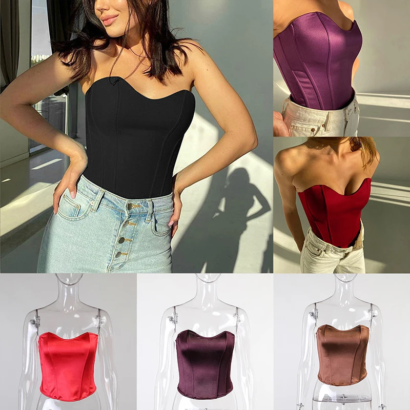 Wrap Breast 2022 Summer Strapless Corset Slim Sexy Crop Top Women Backless Short With Fishbone Female Mujer | Женская одежда