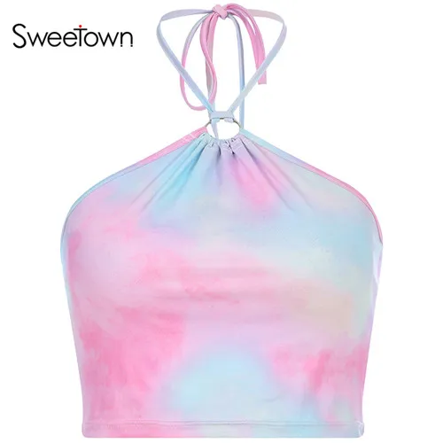 pink Sweetown шикарный контрастный цвет галстук краситель топ на бретельках принт Забавные футболки женские пикантные вечерние топы на бретельках Rave уличная одежда - Цвет: pink