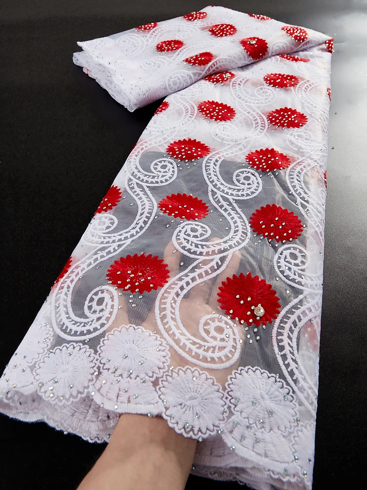 

2021 High Quality African Lace Fabric Milk Silk Lace With Stones Embroidery Mesh Lace Tulle Lace Fabric 2.5 Yards TY079