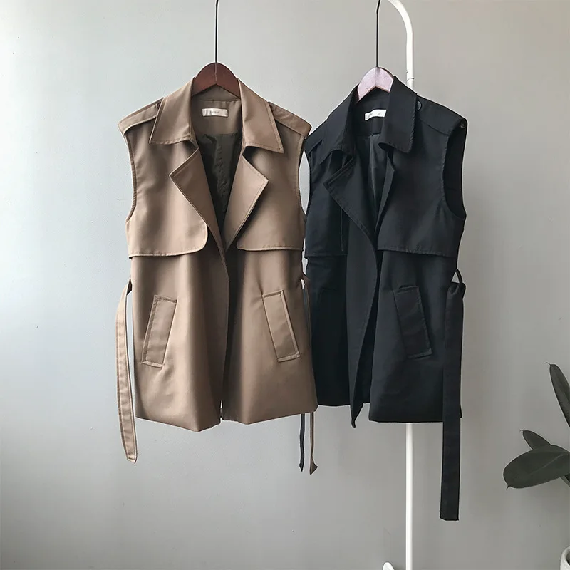 

Korean Fashion Women's Vest Jacket Solid Sleeveless Female Jackets Casual Elegant Ladies 2021 New Outwear With Belt Suit W70084