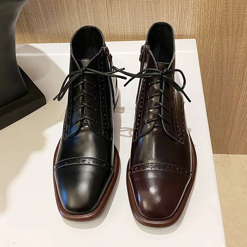 

EshtonShero Autumn Spring Women's Shoes Woman Pumps Cow Leather Low Heels Basic Lace Up Black Ladies Wedding Shoes Size 3-9