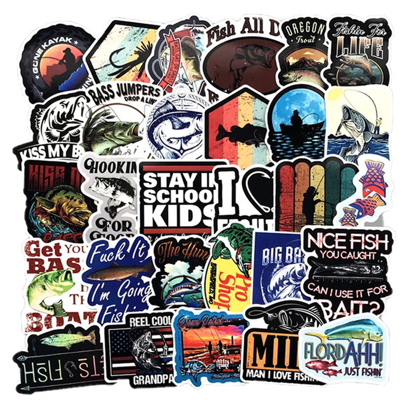

51pcs Outdoor Fishing Stickers Vinyl Sticker For Luggage Skateboard Guitar Laptop Water Bottle Car Decals Kids Gifts Toys