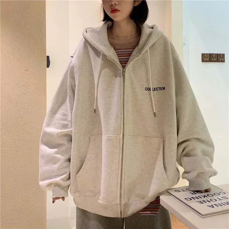

2021 Jackets Women Loose Plus Velvet Zip-up Pockets Letter Casual Oversize Daily Streetwear Womens clothes