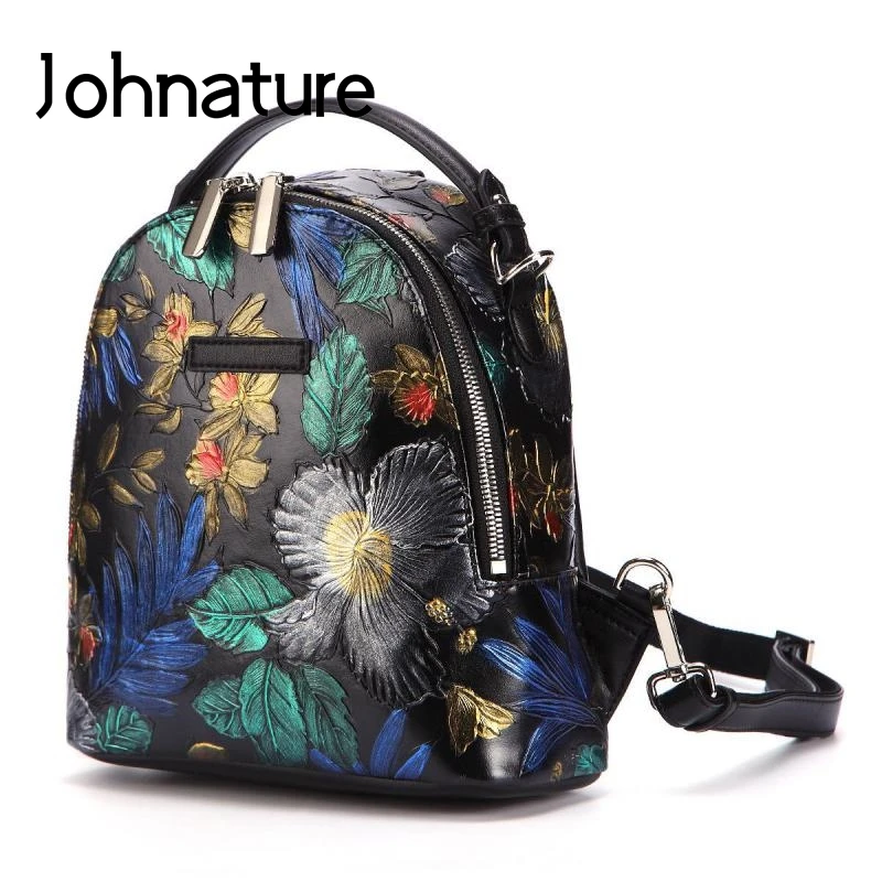 

Johnature Hand Painted Small Travel Backpack 2021 New Retro Genuine Leather Embossing Cowhide Shoulder Bag Women Mini Backpack