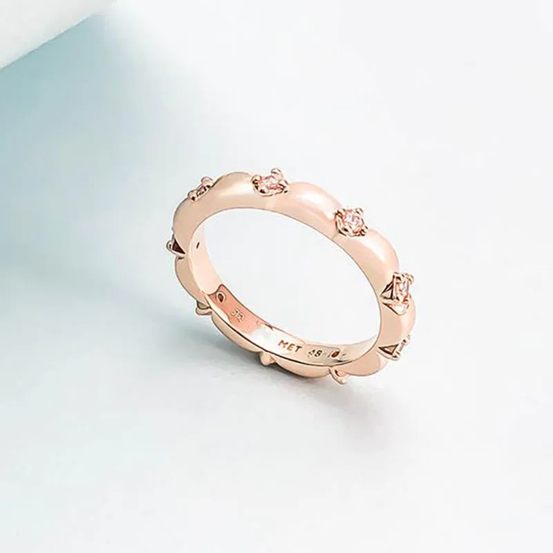 

100% 925 Sterling Silver Pan Ring Rose Gold Petals With Crystal Cz Pan Ring For Women Wedding Party Gift Fashion Jewelry