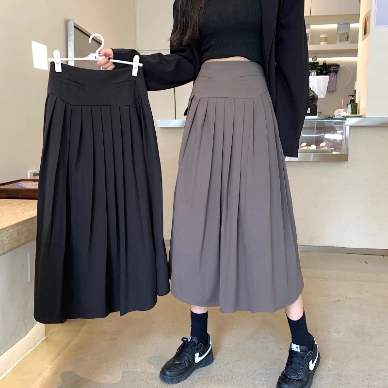 

2022 Design High Waist Mid-length Black Pleated Long Skirt Ins Cover Skirt