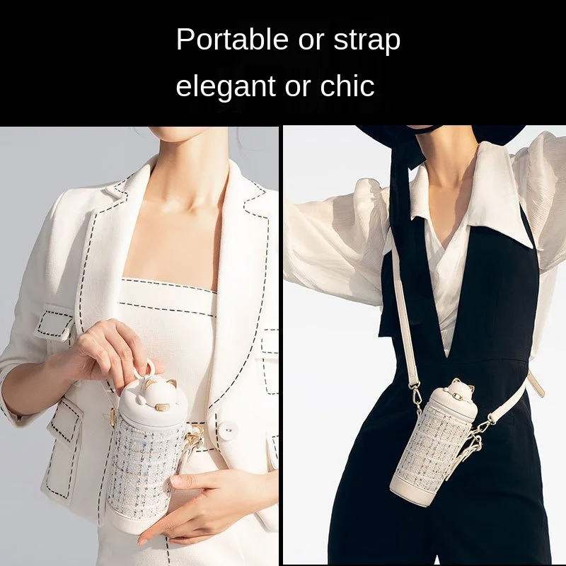 

Double Sport Thermos Mug with Bag Coffee Tea Vacuum Flask Travel Mug Thermal Water Bottle Straw Cup Portable Bouncing Cup