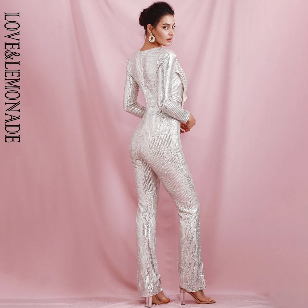

LOVE&LEMONADE Sexy Silver Deep V-neck Draped Elastic Sequins bodycon Long Sleeve Party Jumpsuit LM82187